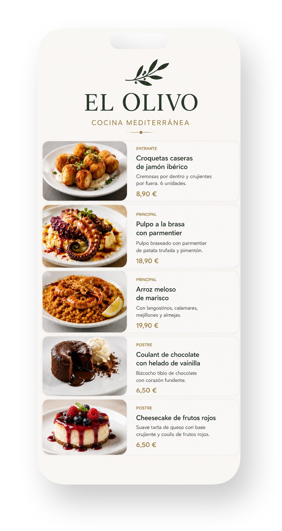 Ejemplo de carta digital de El Olivo, cocina mediterránea, fondo crema con fotos de los platos