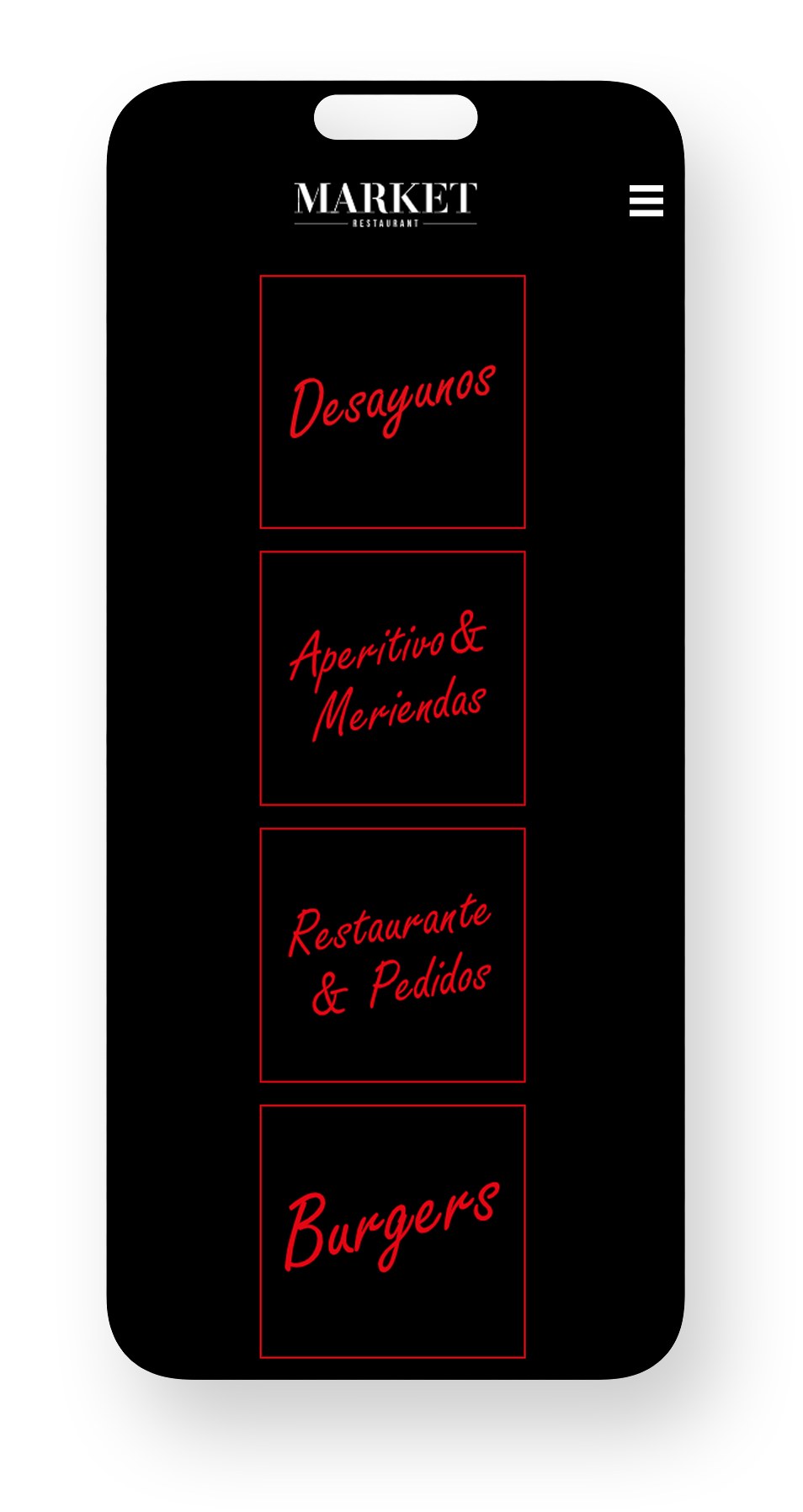 Ejemplo de carta digital de Market Restaurant, fondo negro con categorías Desayunos, Aperitivo y meriendas, Restaurante y pedidos, y Burgers