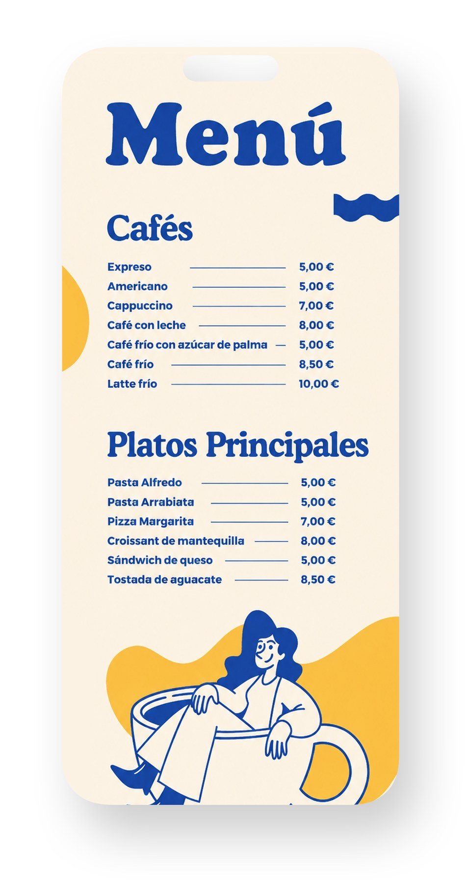 Ejemplo de carta digital de cafetería ilustrada, con secciones de Cafés y Platos Principales y precios visibles