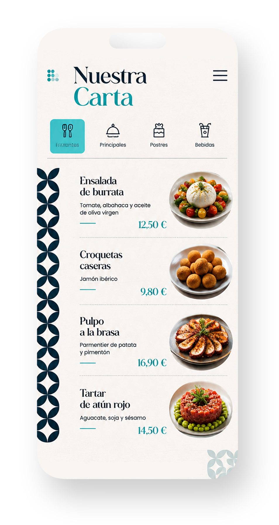 Ejemplo de carta digital Nuestra Carta, fondo crema con borde decorativo geométrico azul marino y secciones de Entrantes, Principales, Postres y Bebidas