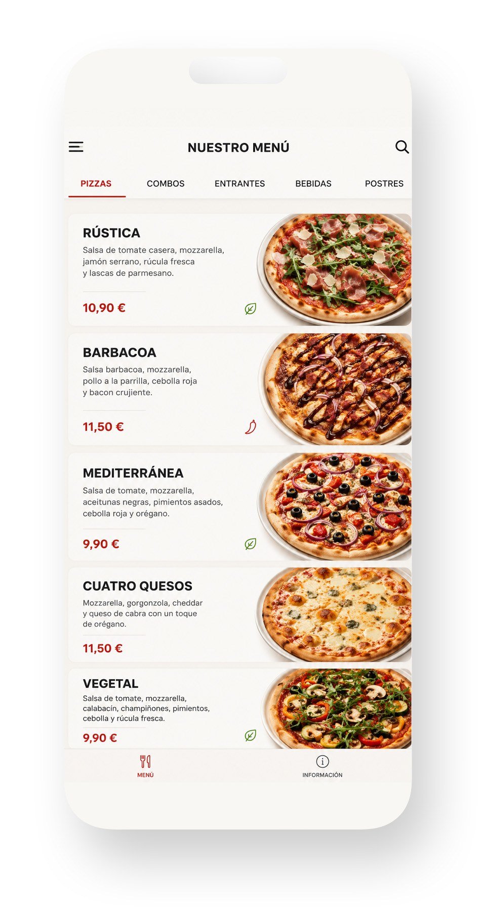 Ejemplo de carta digital de pizzería, con pestañas de categorías y fotos de cada pizza