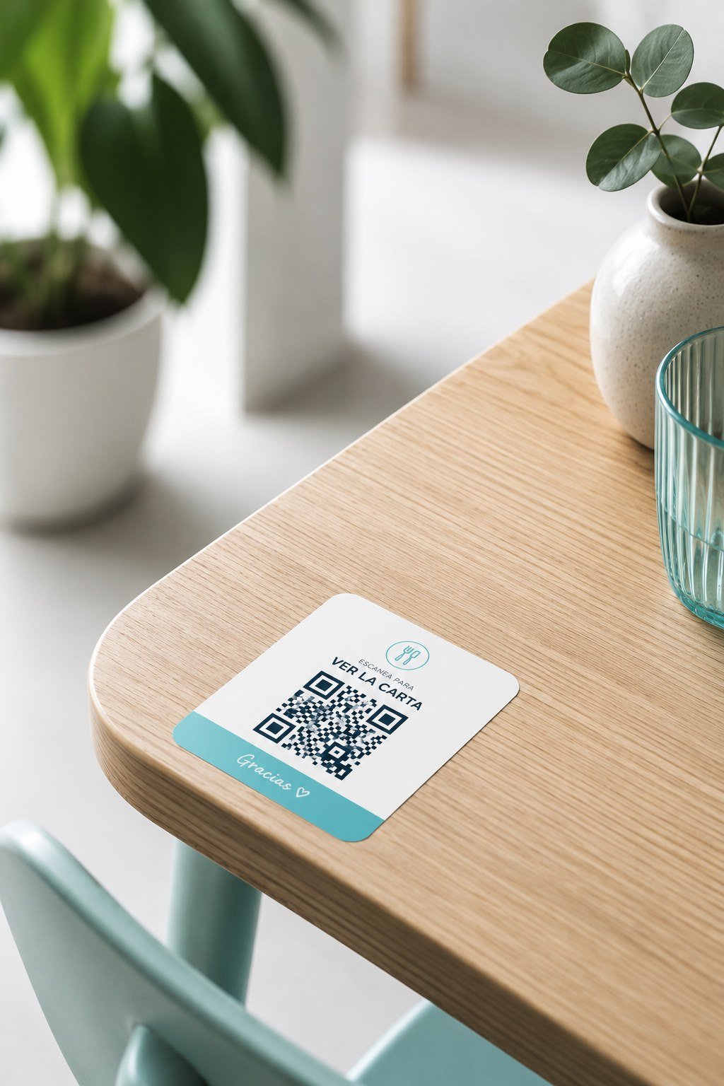 Vinilo adhesivo con QR pegado en la esquina de una mesa