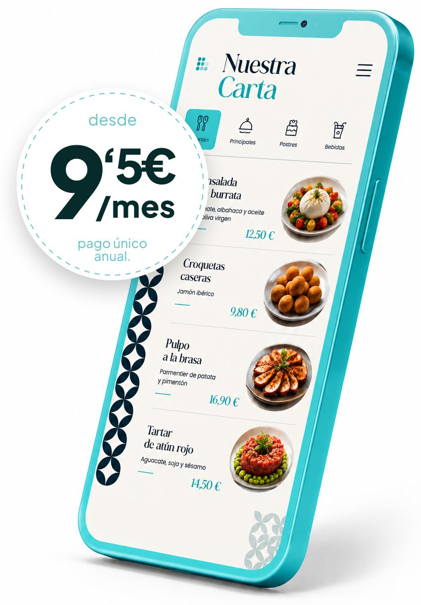 Vista de la carta digital MenúsQR Nuestra Carta en el móvil, con los platos del apartado de entrantes, y precio desde 9,50€ al mes en pago único anual