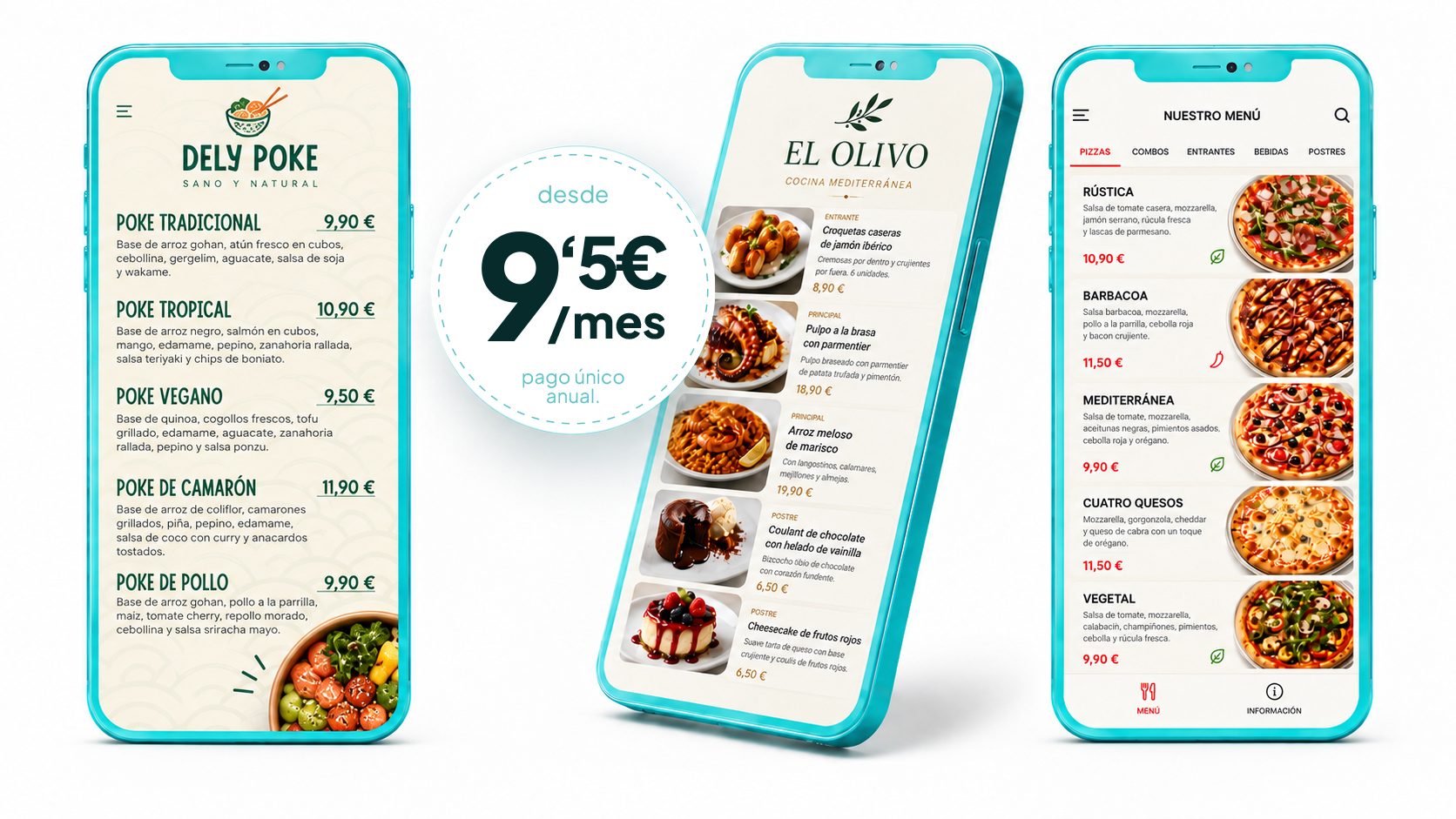 Tres ejemplos de cartas digitales MenúsQR mostradas en móviles: Dely Poke, El Olivo y Nuestra Carta, junto al precio desde 9,50€ al mes en pago único anual